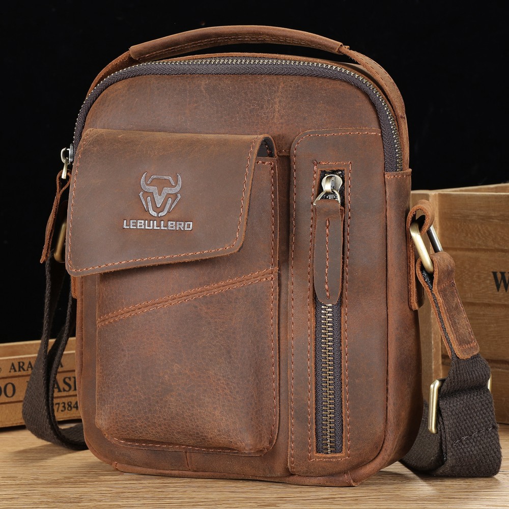 Men’s Sling Shoulder Messenger Bag Crazy Horse Genuine Leather Zipper Handbag