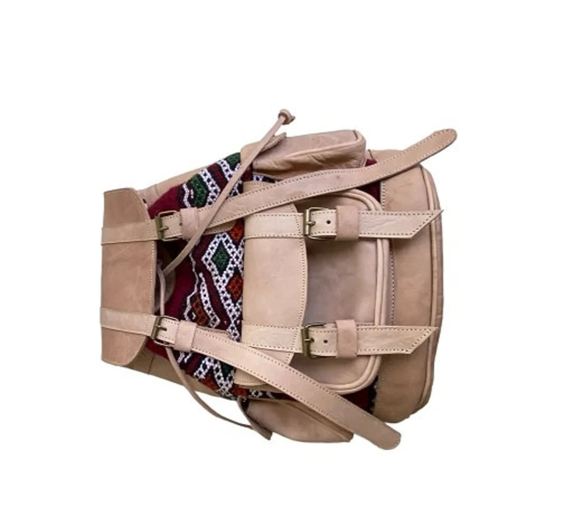 Handcrafted Genuine Leather & Red Kilim Backpack – Brown Leather | Central Zip