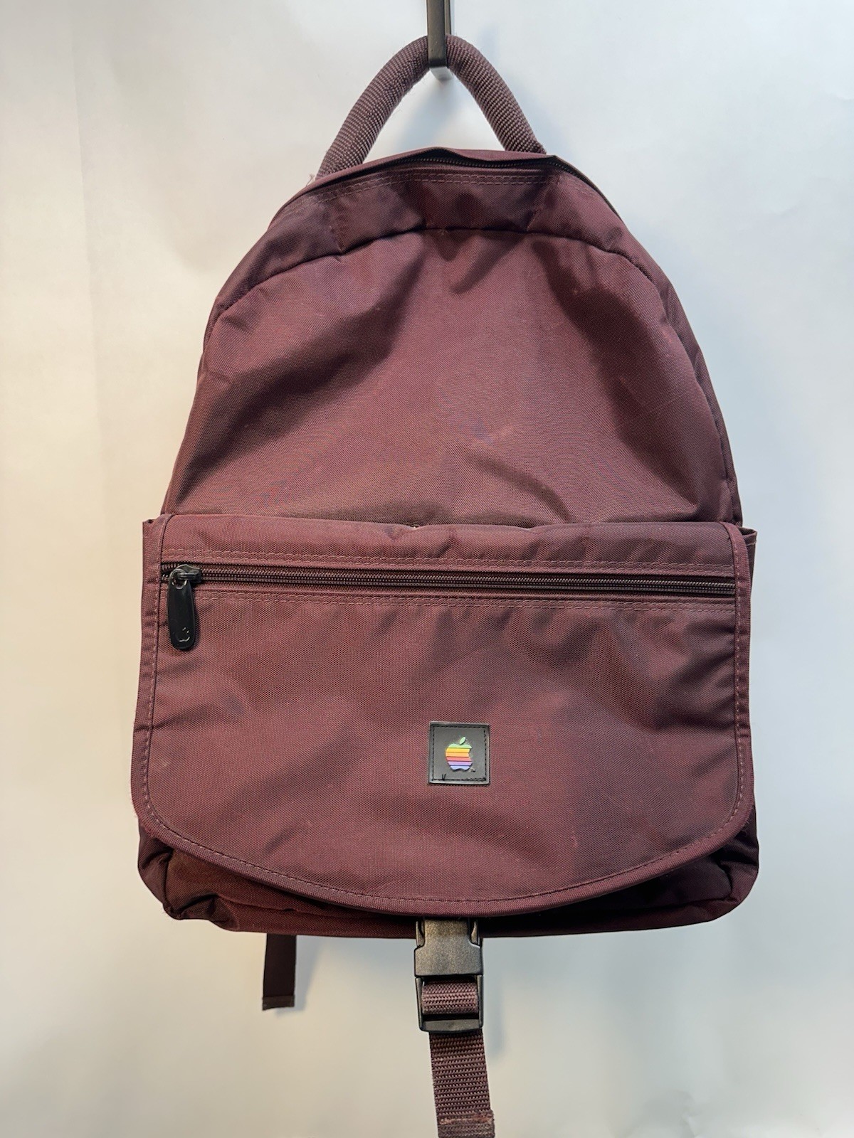 Vint Apple Computer Nylon Backpack Bag W Retro Logo Maroon 7x13x15 In #8