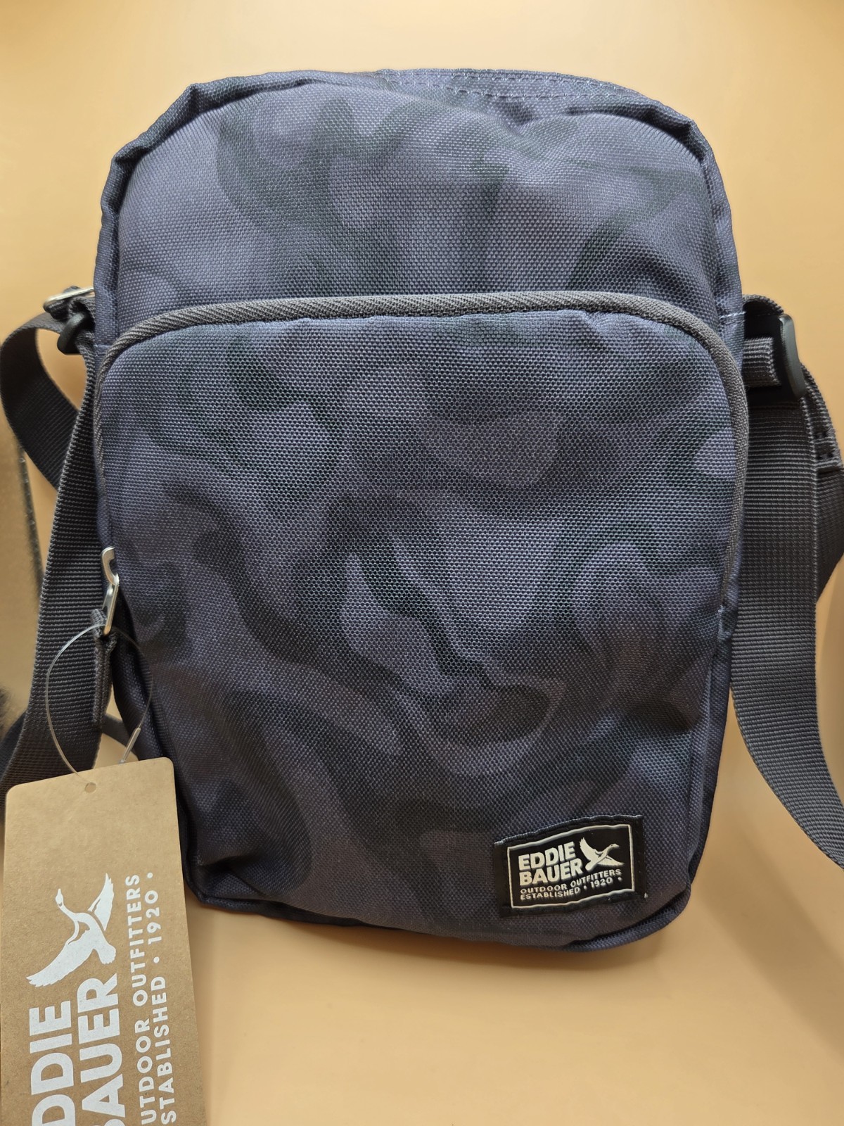 Eddie Bauer Small Crossbody Bag Gray Black Camo Zip Adjustable Strap Pockets 135