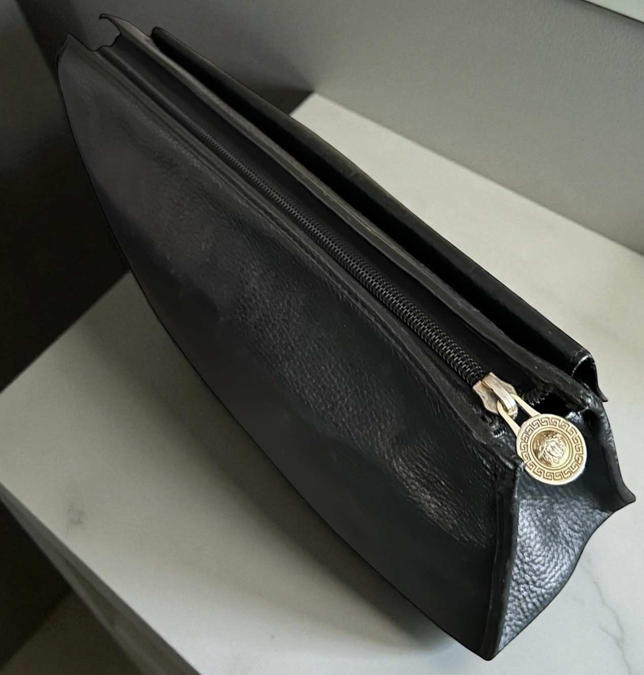 Gianni Versace Clutch Bag Unisex Pebbled Leather Pouch Medusa Zip Pockets Black