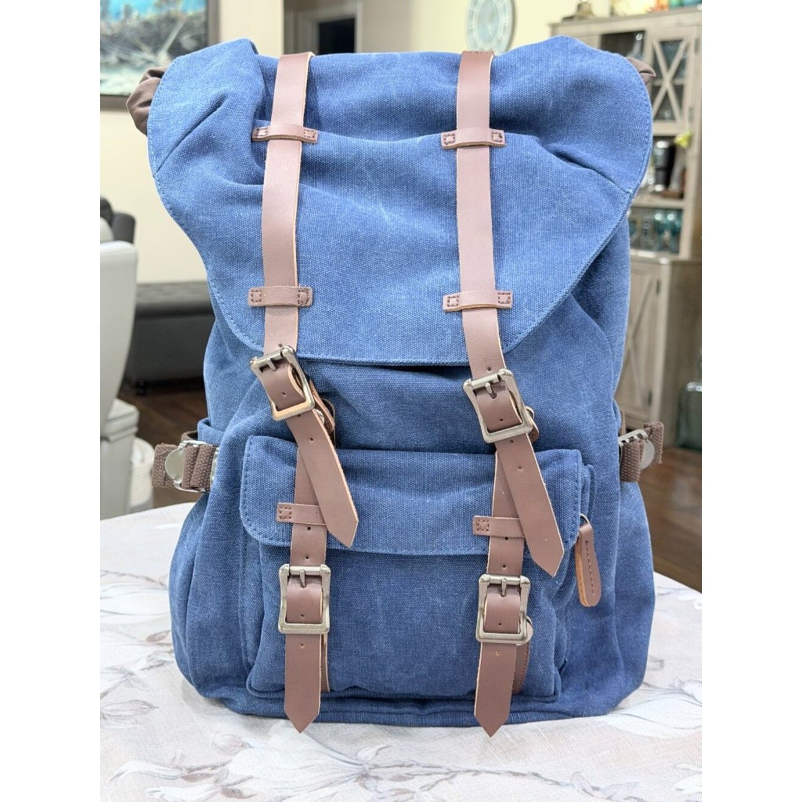 Blue Canvas Laptop Backpack Roll Top Leather Strap Travel School Hiking Bag