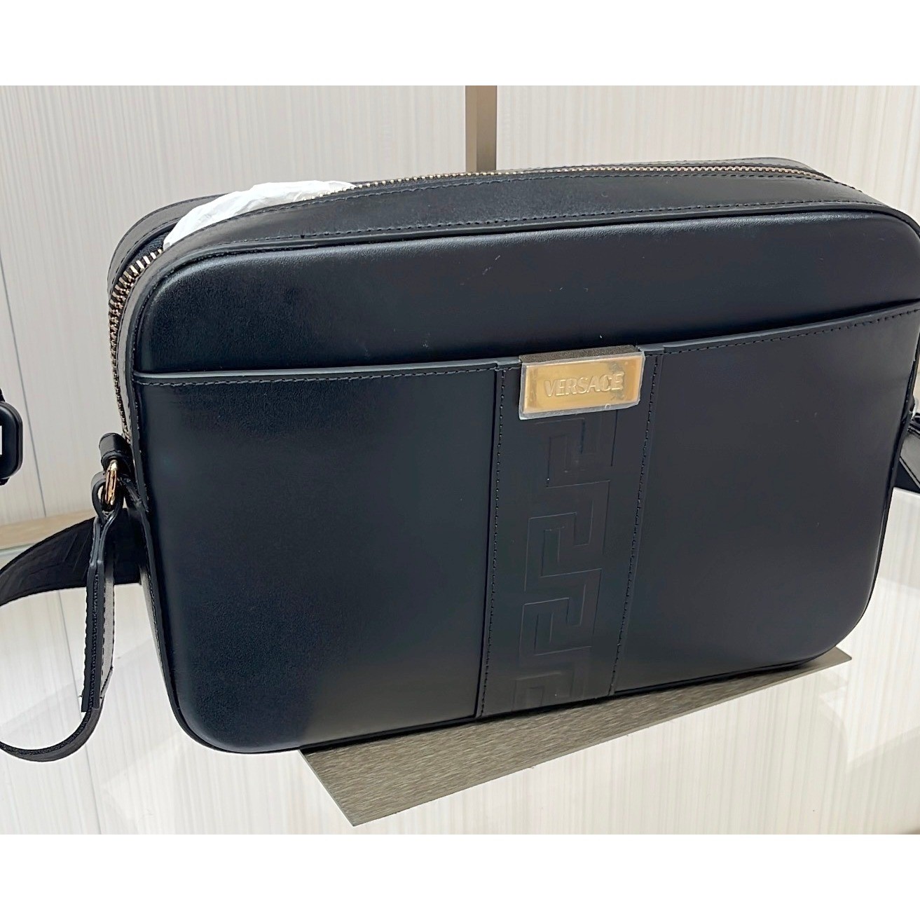Versace Embossed Greca Black Box Leather Shoulder Bag Crossbody 1010737 Italy