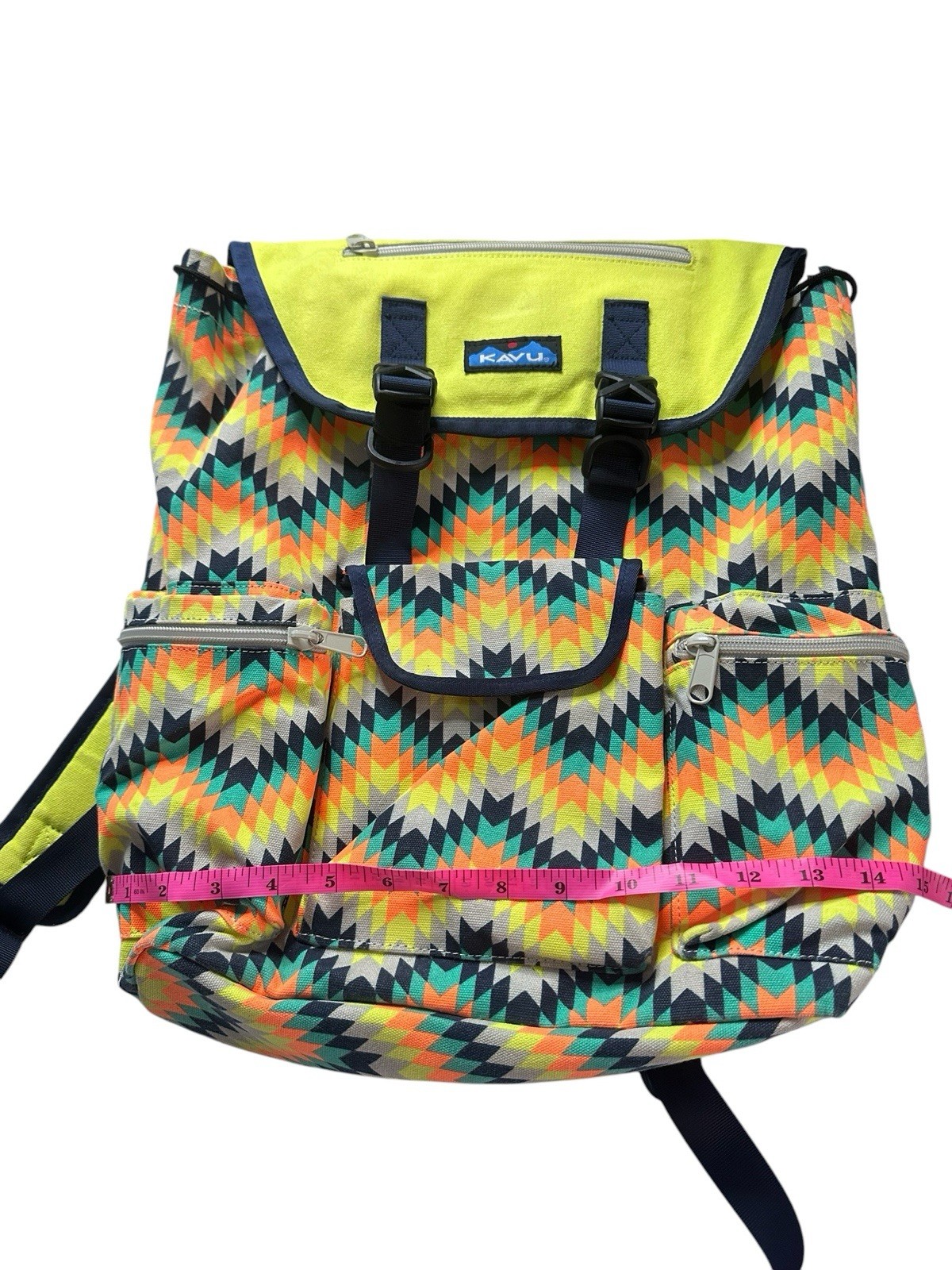 KAVU Two Strap Paracord Backpack Colorful Neon Print Travel Bag Many Pockets