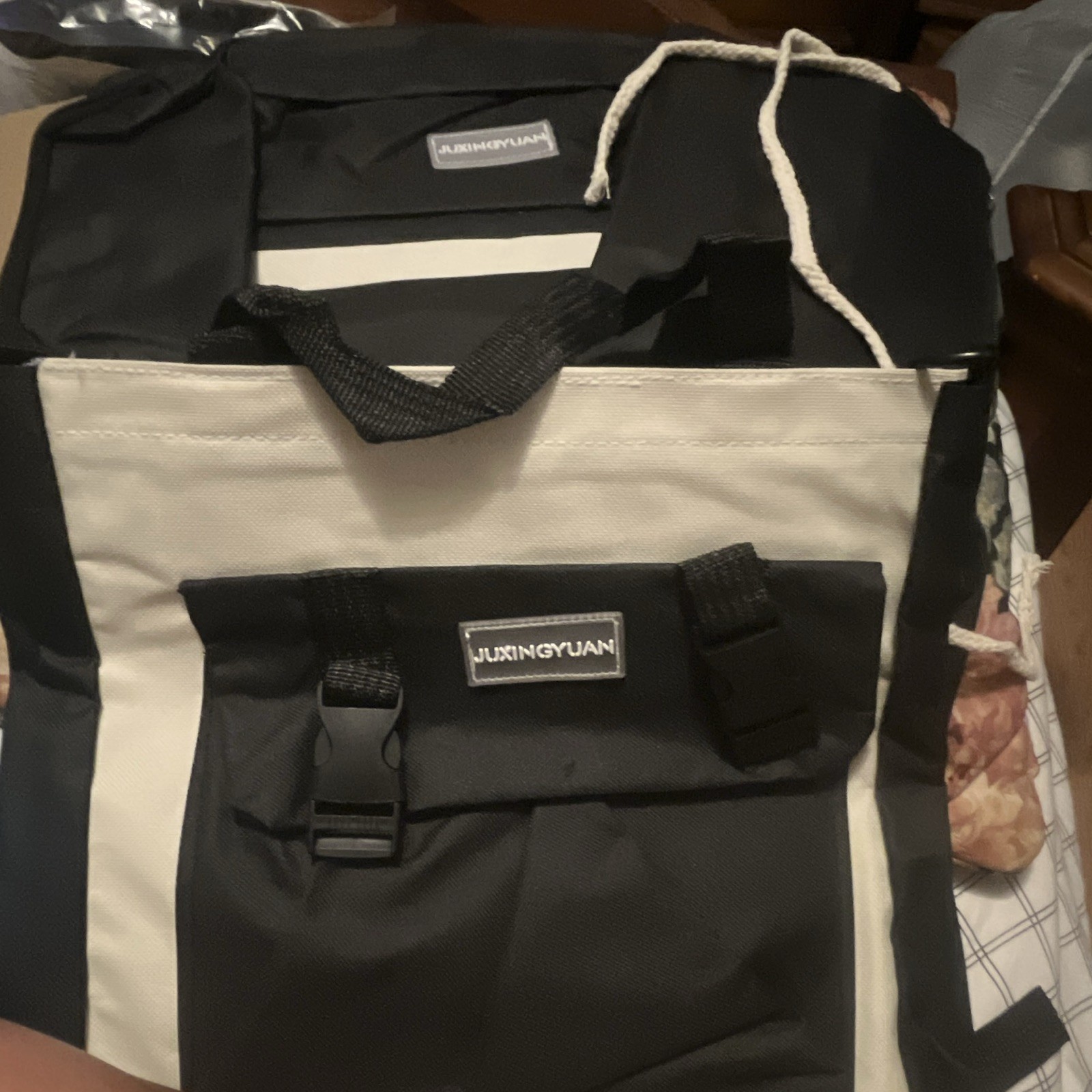 JUXINGYUAN Black/Beige Colorblock Backpack Drawstring Buckle Zip, Pockets