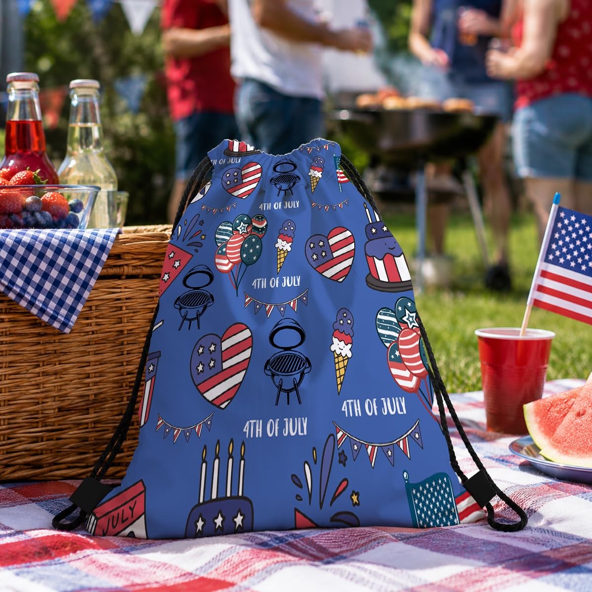Drawstring Backpack, 4th of July BBQ Party Gym Bag, Blue Patriotic Print Sack…
