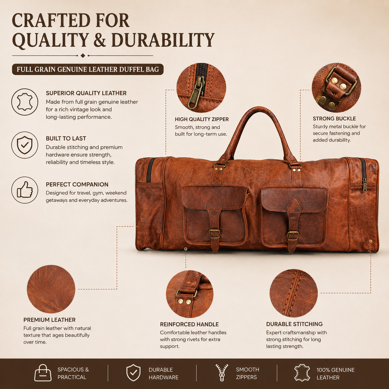 32″ Large Vintage Genuine Leather Duffle Bag, Carry On Travel Bag, Overnight Bag