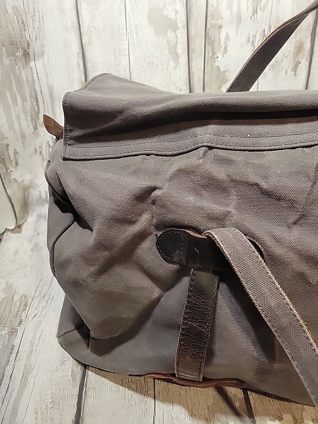 S-ZONE Distressed Gray Canvas Duffle Bag Brown Leather Trim Travel Bag NO STRAP