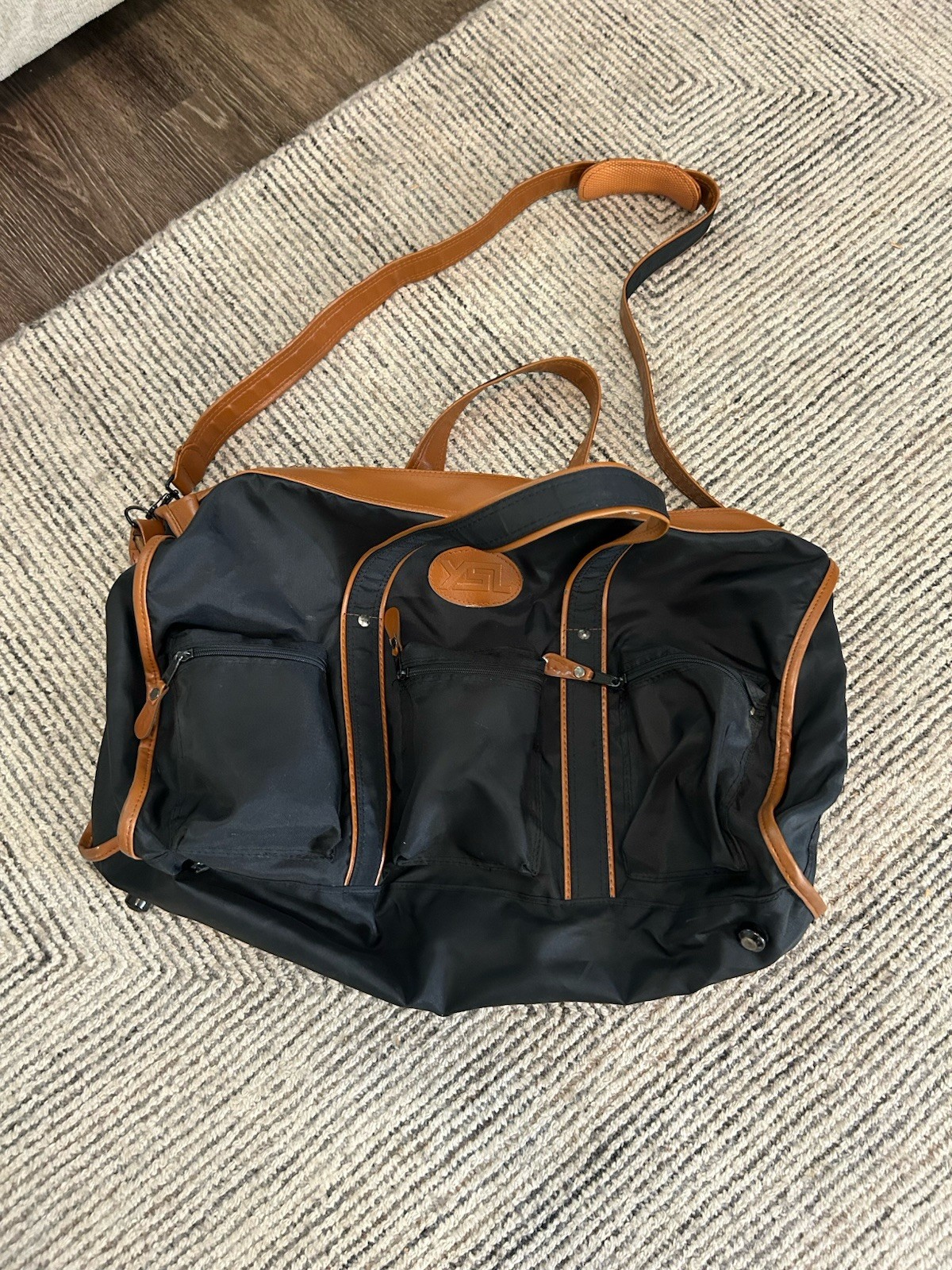 Yves Saint Laurent YSL Duffle Bag Vintage Nylon Leather Travel Bag Black Brown