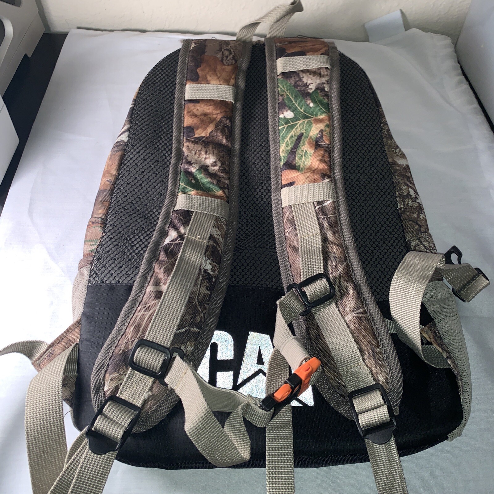 Caterpillar CAT Tree Green Black Orange Camo Back Straps Pockets Rare Backpack