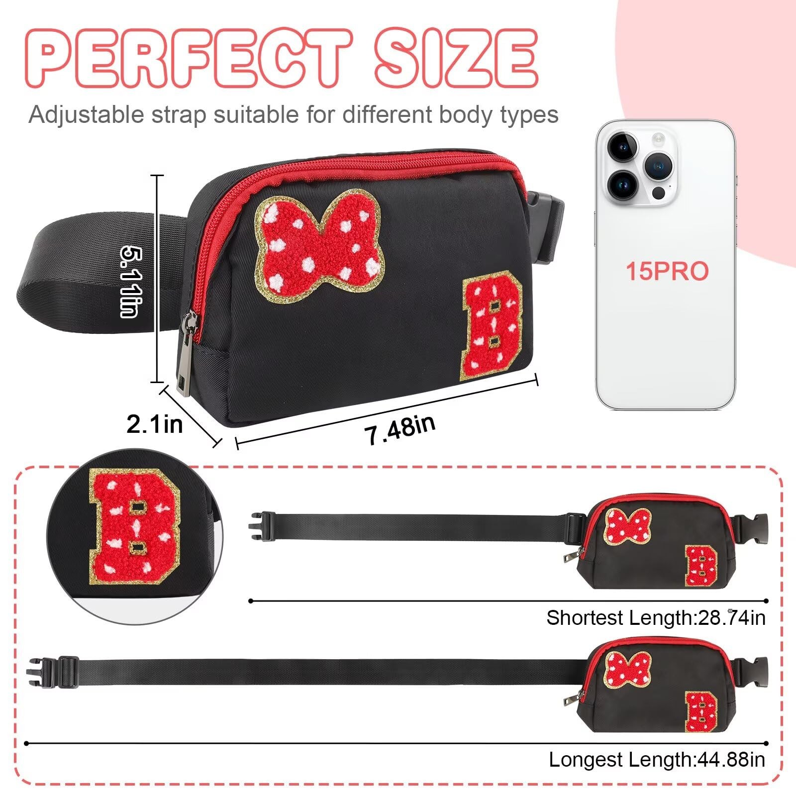 Initial Letter Bow Mouse-Ear Fanny Pack for 7.48 x 2.1 x 5.11 inches, Black