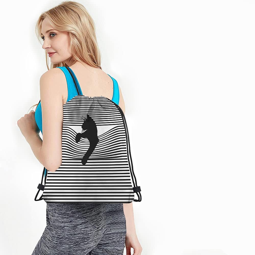 Black Cat Drawstring Bags Backpack Animal Silhouette White Stripes Cartoon