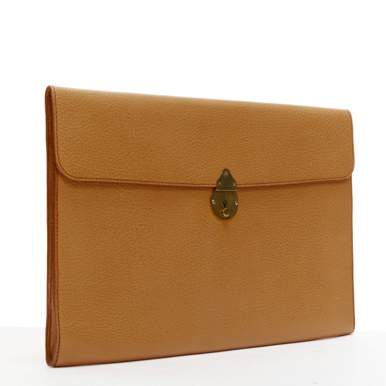 RALPH LAUREN tan textured leather gold logo push lock flap flat clutch bag