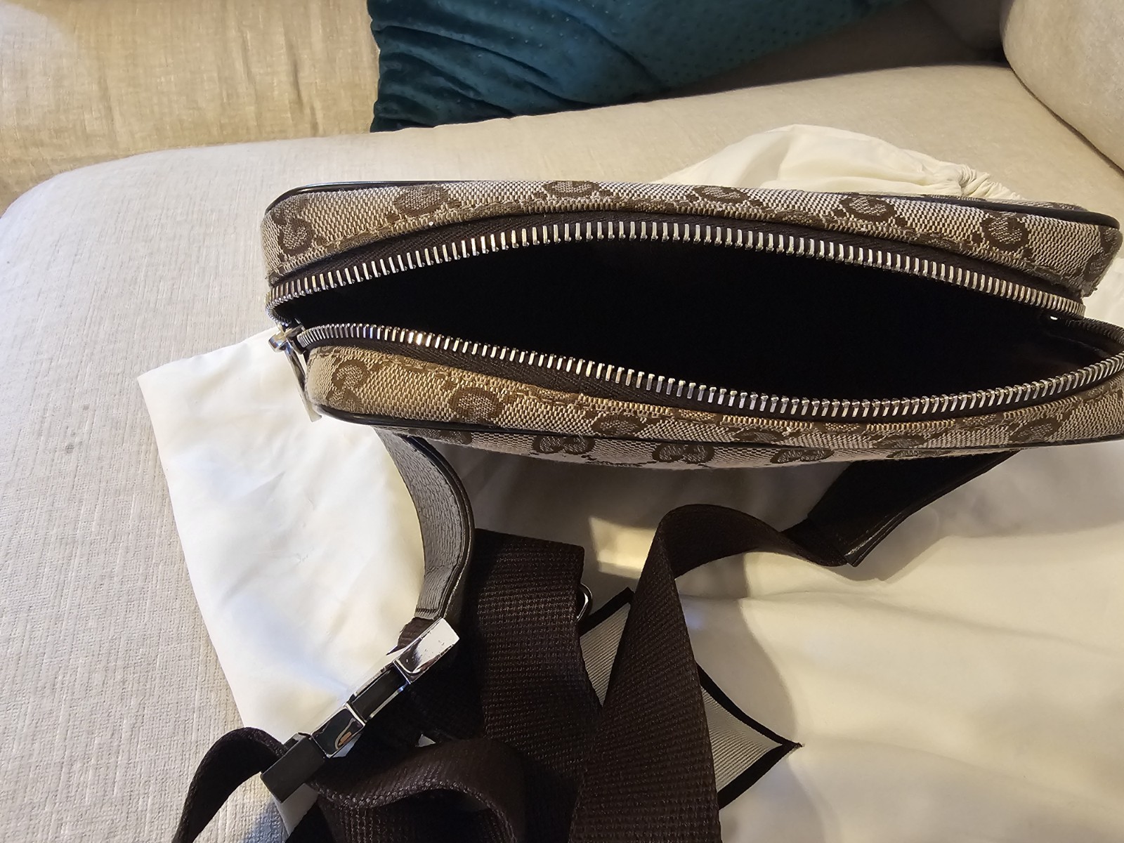 Gucci GG Monogram Crossbody Bag Zip Closure Adjustable Strap Beige Brown