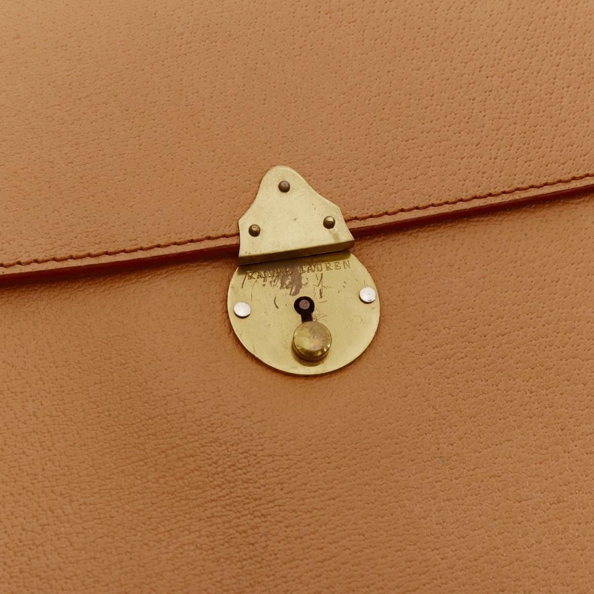 RALPH LAUREN tan textured leather gold logo push lock flap flat clutch bag