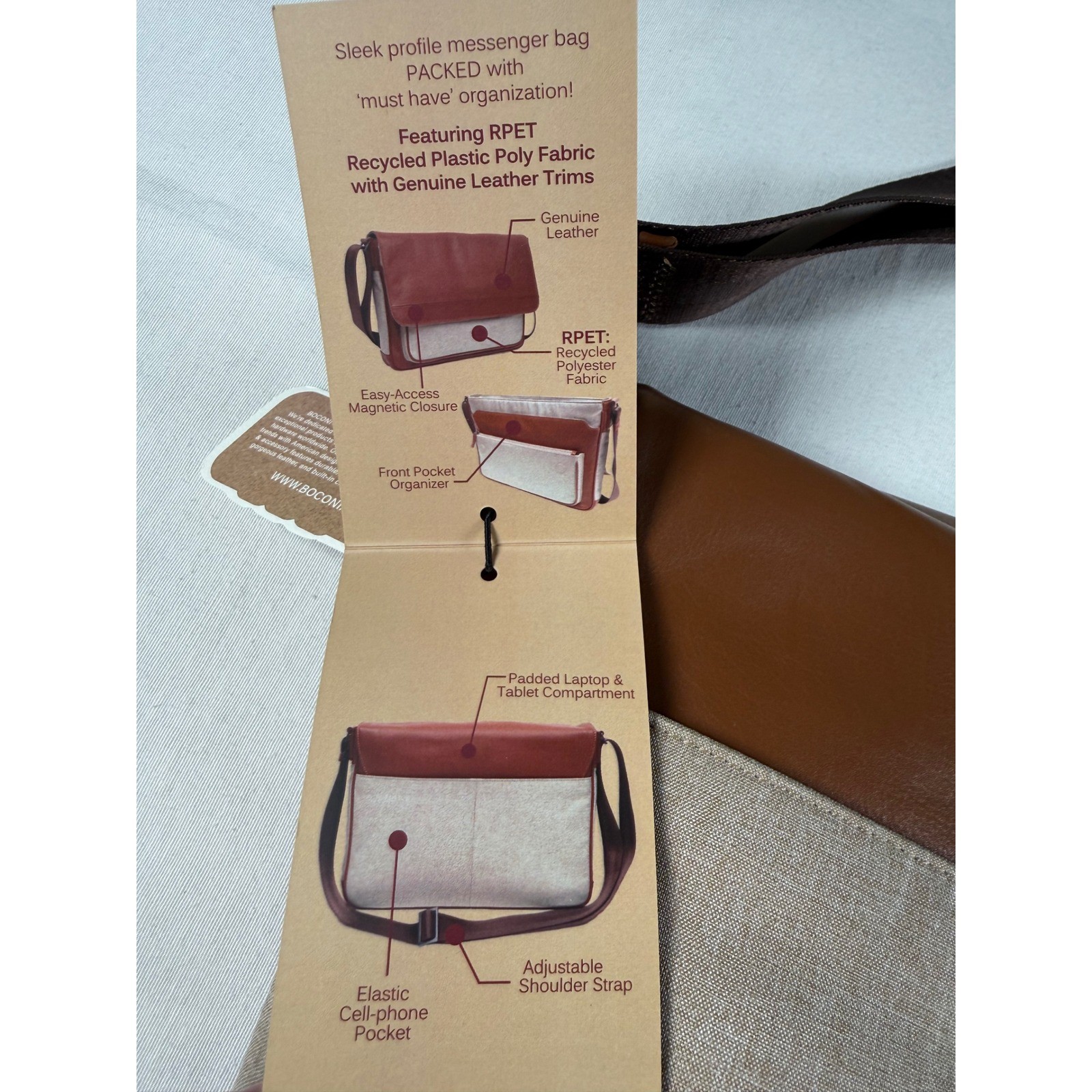 Boconi RPET Slim Messenger Bag Brown Leather Recycled Fabric Laptop RFID New