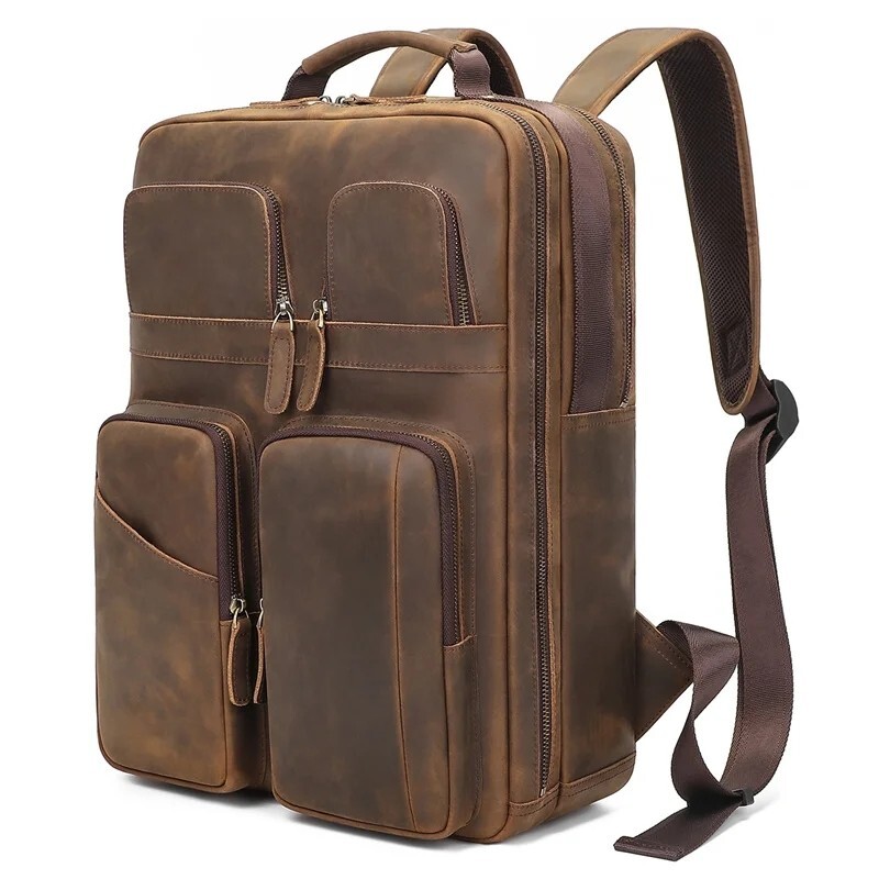 Men Vintage Leather Backpack Crazy Horse Leather 15.6” Laptop Travel Backpack