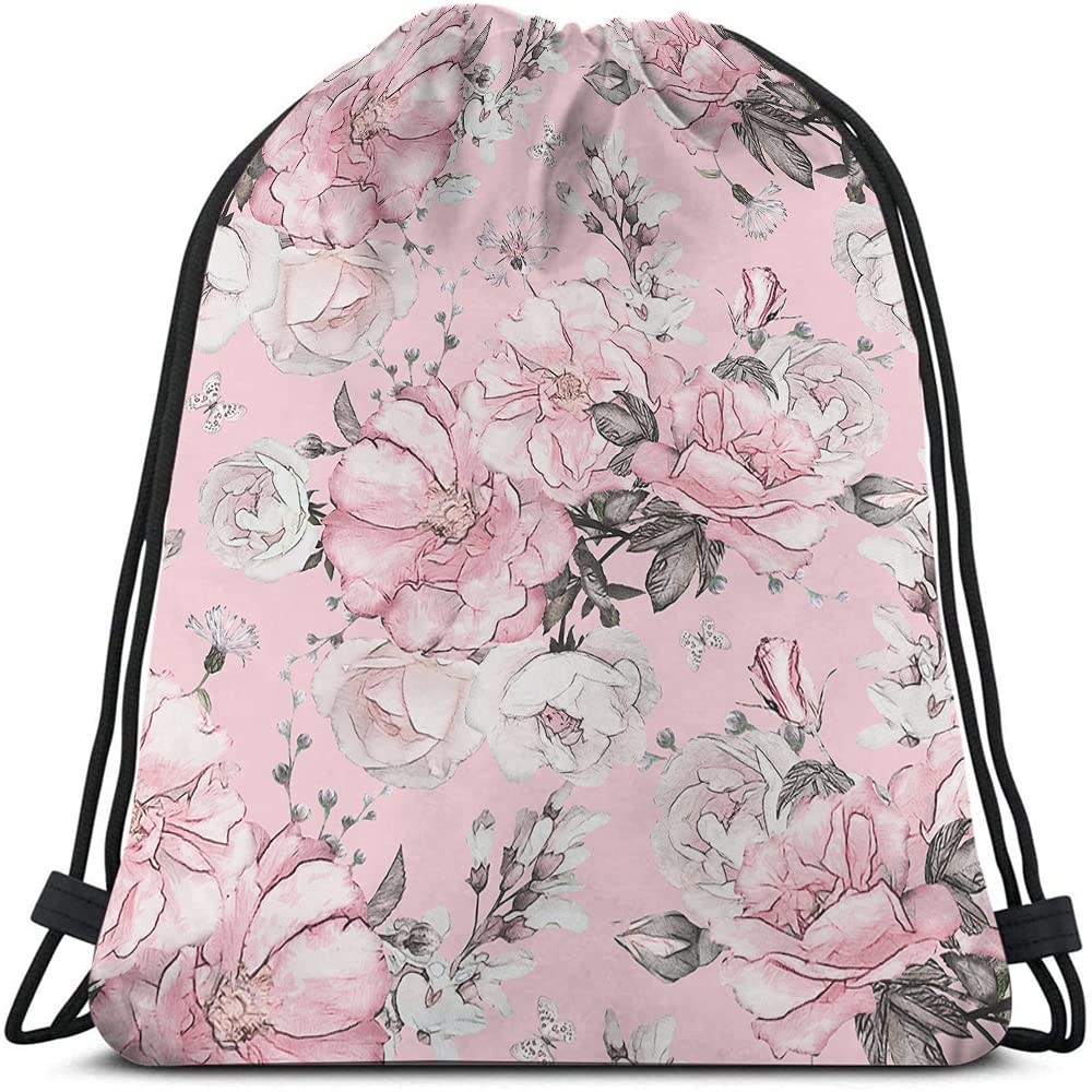 Pink Floral Print Polyester Drawstring Backpack, Unisex, 14×16.9 Inch, Modern…