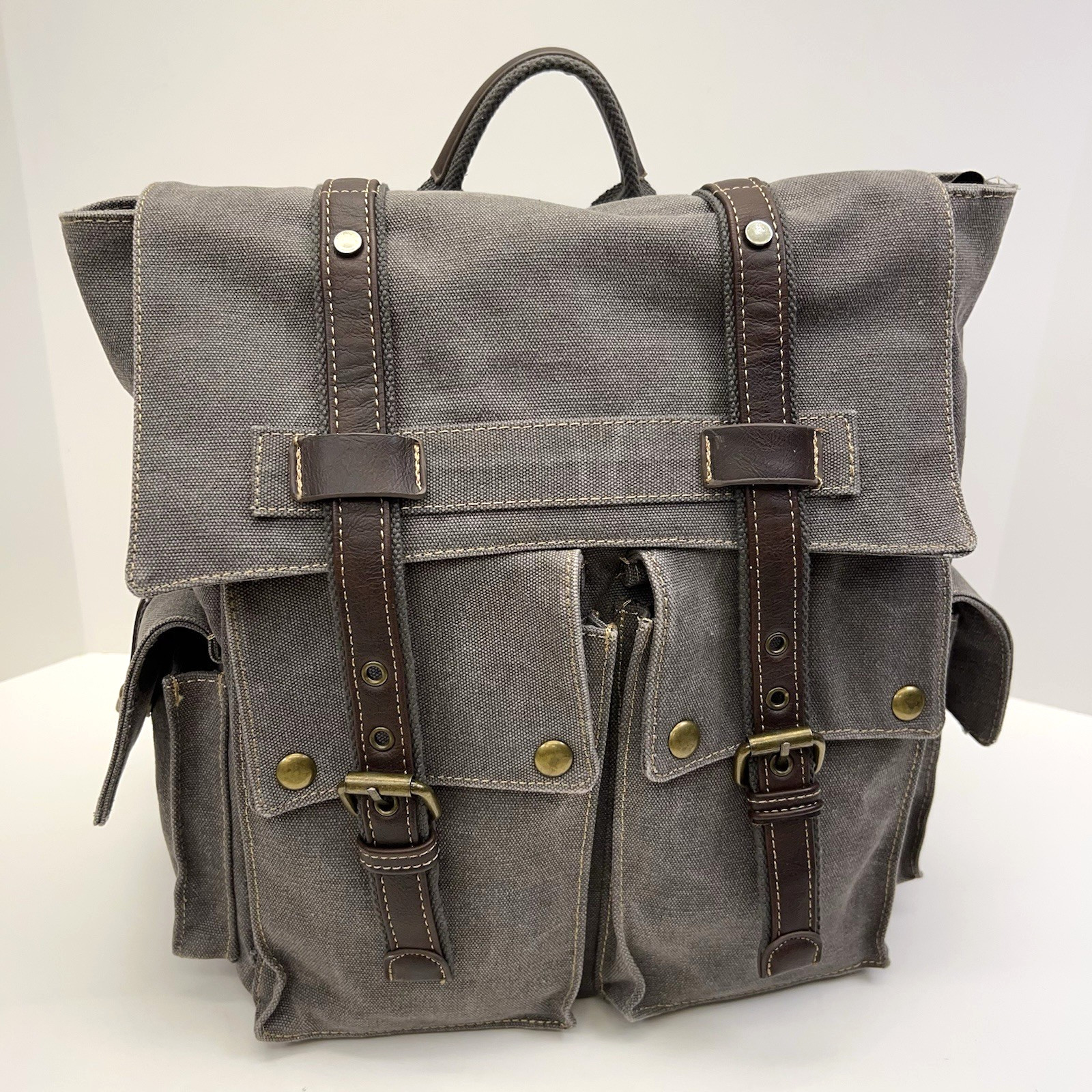 CARGOIT Canvas Leather Backpack Messenger Military Outdoor Travel Gray Rucksack