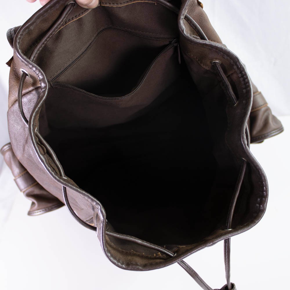 Genuine Cowhide Leather Backpack Brown Drawstring Rucksack Multi Pocket