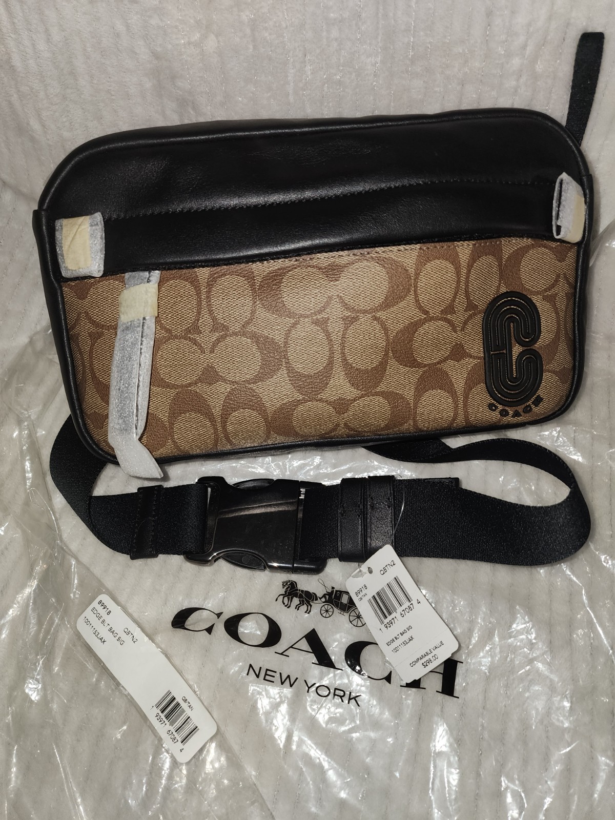 Coach Edge Belt Bag Signature Canvas Tan Black F89918 NWT Original Packaging