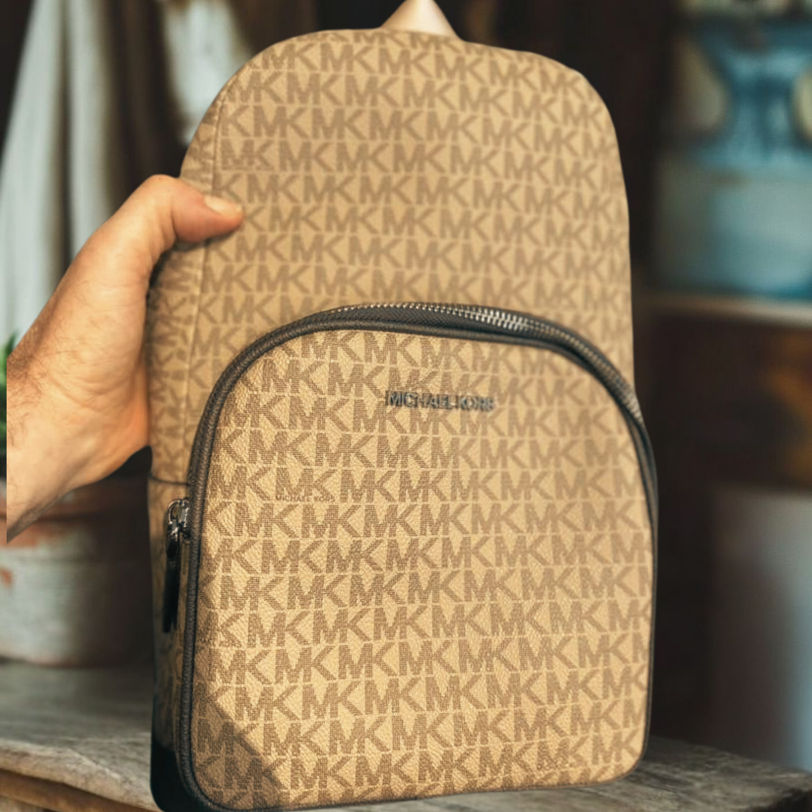 Michael Kors Cooper Men MK Logo Print Canvas Crossbody Sling Pack Bag Camel