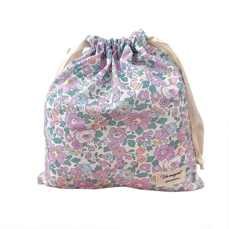 Handmade Floral Cotton Drawstring Bag Vintage Storage Pouch Eco Friendly Makeup