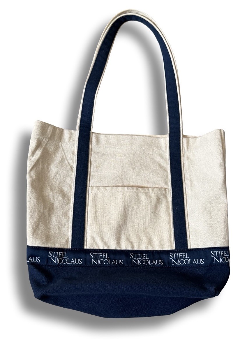 VTG STIFEL NICOLAUS BANK WALL STREET FINANCE WHITE BLUE CANVAS SMALL TOTE BAG