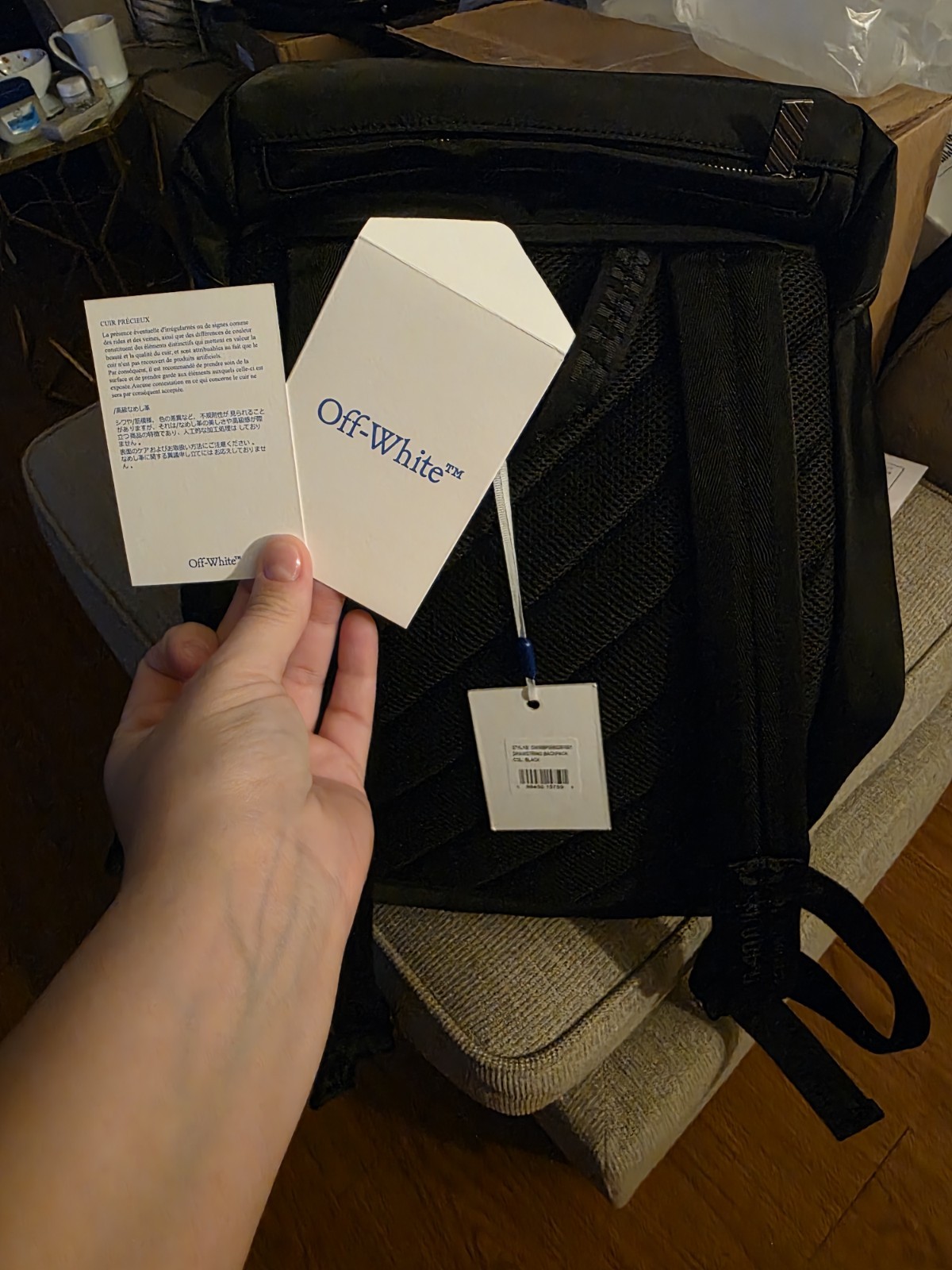 Off-White Drawstring Tuc Nylon Backpack with Dual Front Zipper Pockets BNWT