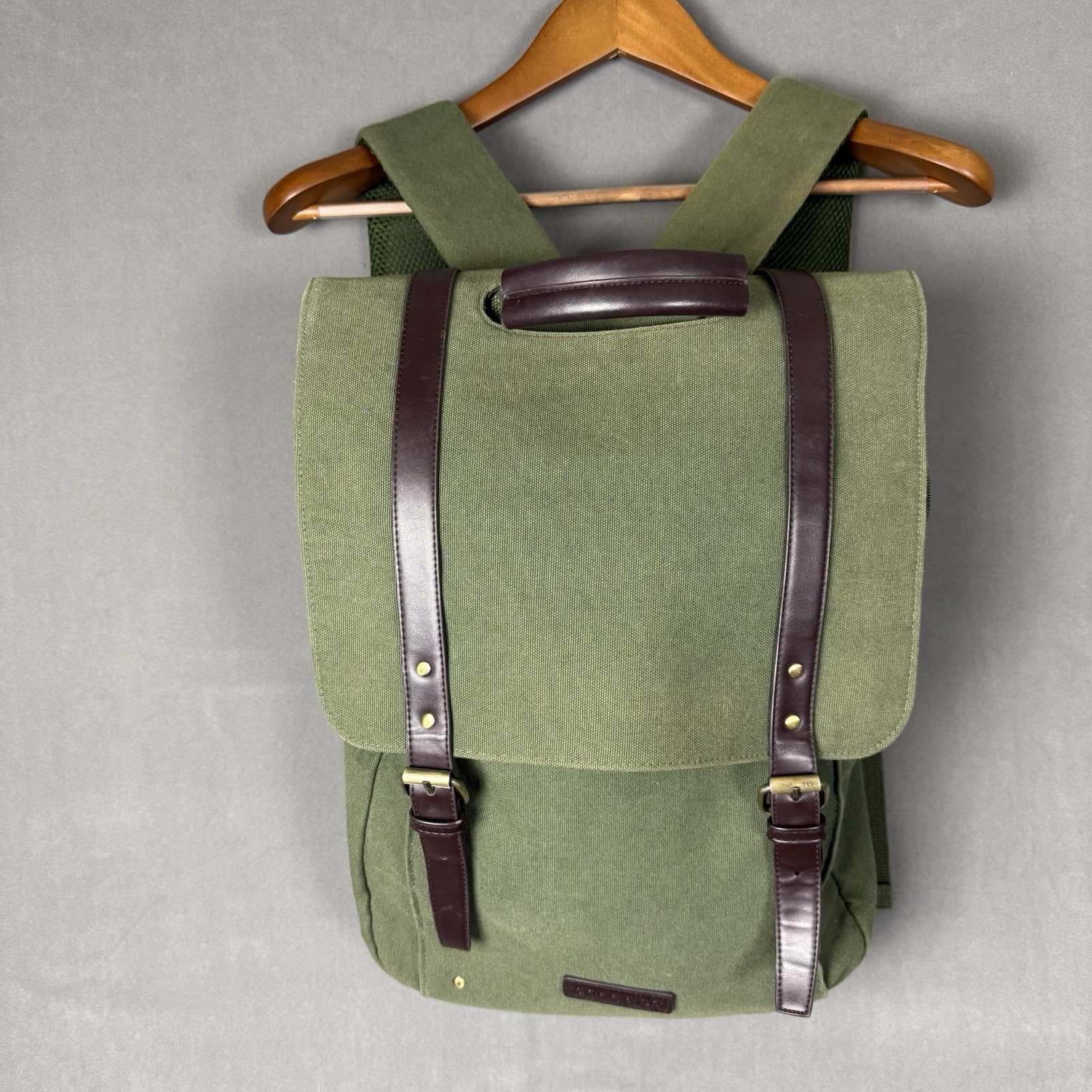 COBB & CO Olive Green Canvas Laptop Backpack Brown Trim Rucksack