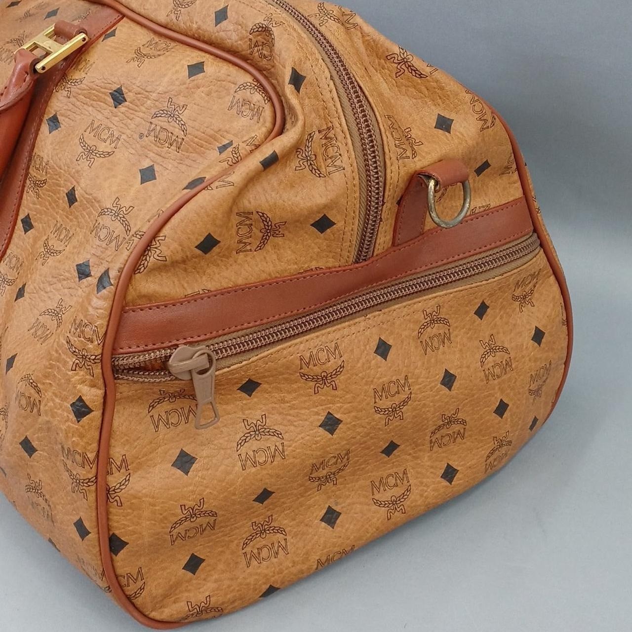 MCM Authentic Visetos Logo Handbag Camel Boston Bag Vintage w/ Shoulder Strap