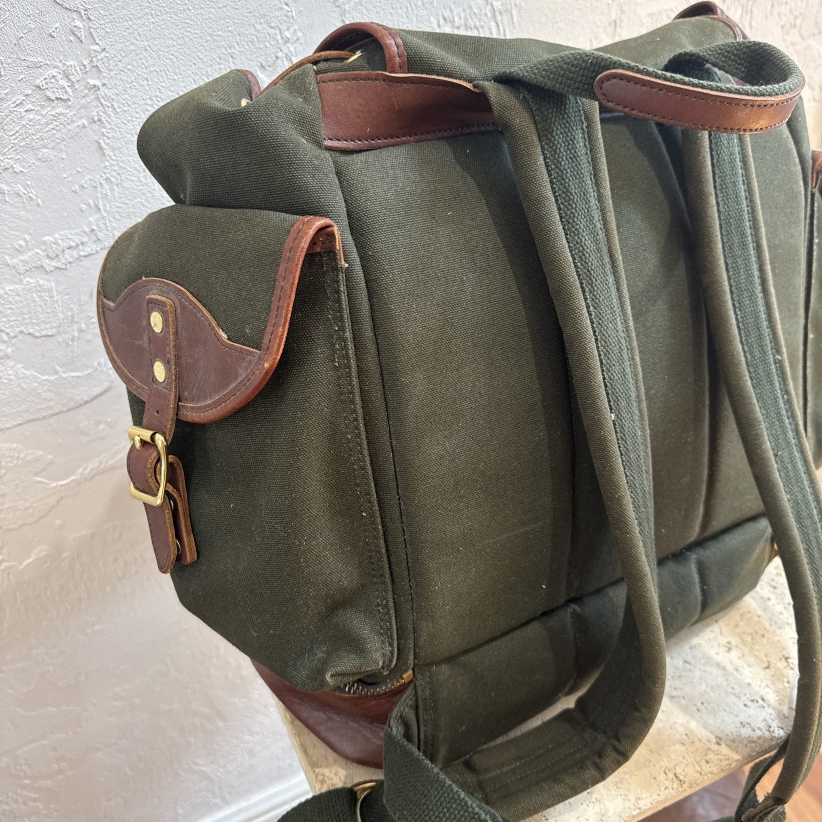 Vintage Orvis Battenkill Backpack Leather/Green Canvas Cinch Top 20” x 16”