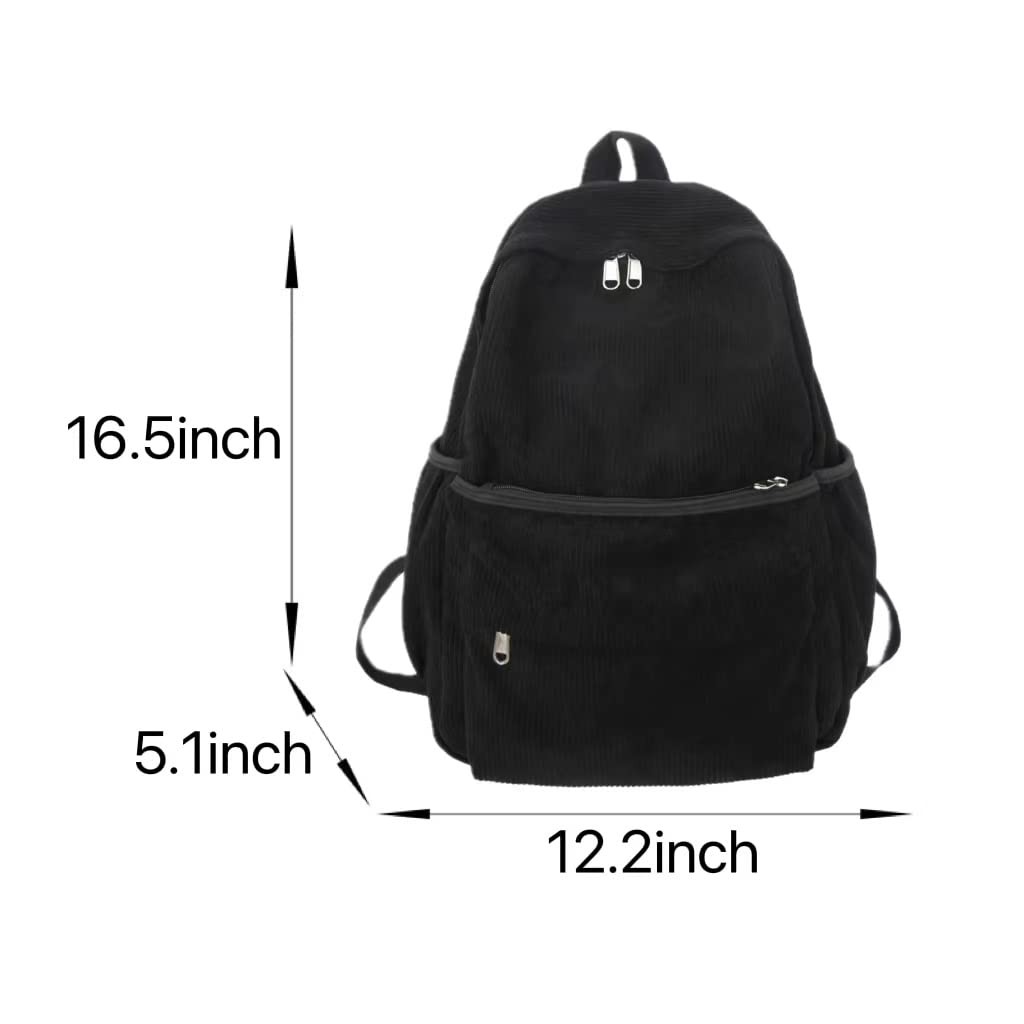 Black Corduroy Backpack, 15.6 inch Laptop, College, Cute Book Bag, Preppy