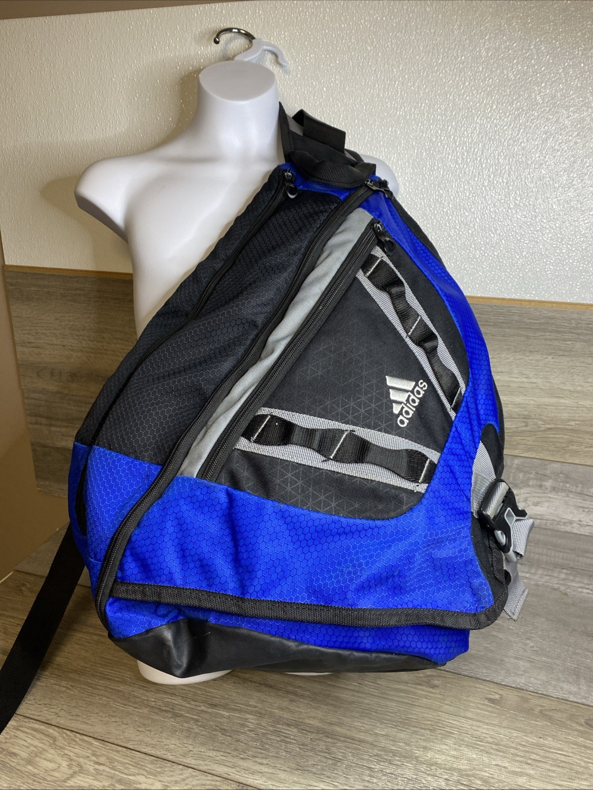 Adidas Sling Backpack Spring Load Crossbody Shoulder Strap 16×20 Black Blue Gray