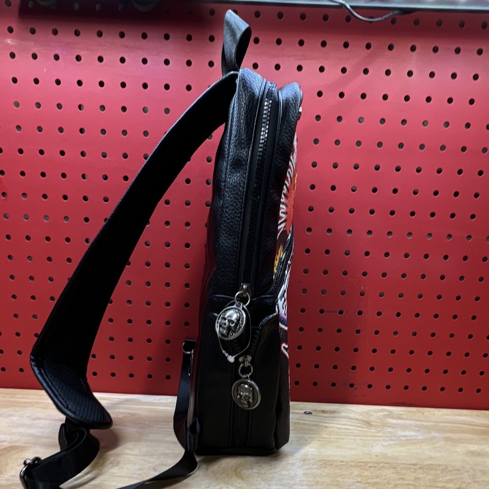 Ed Hardy Black Skull Eagle Graphic Sling Bag, Medium, Zip, Adjustable Strap