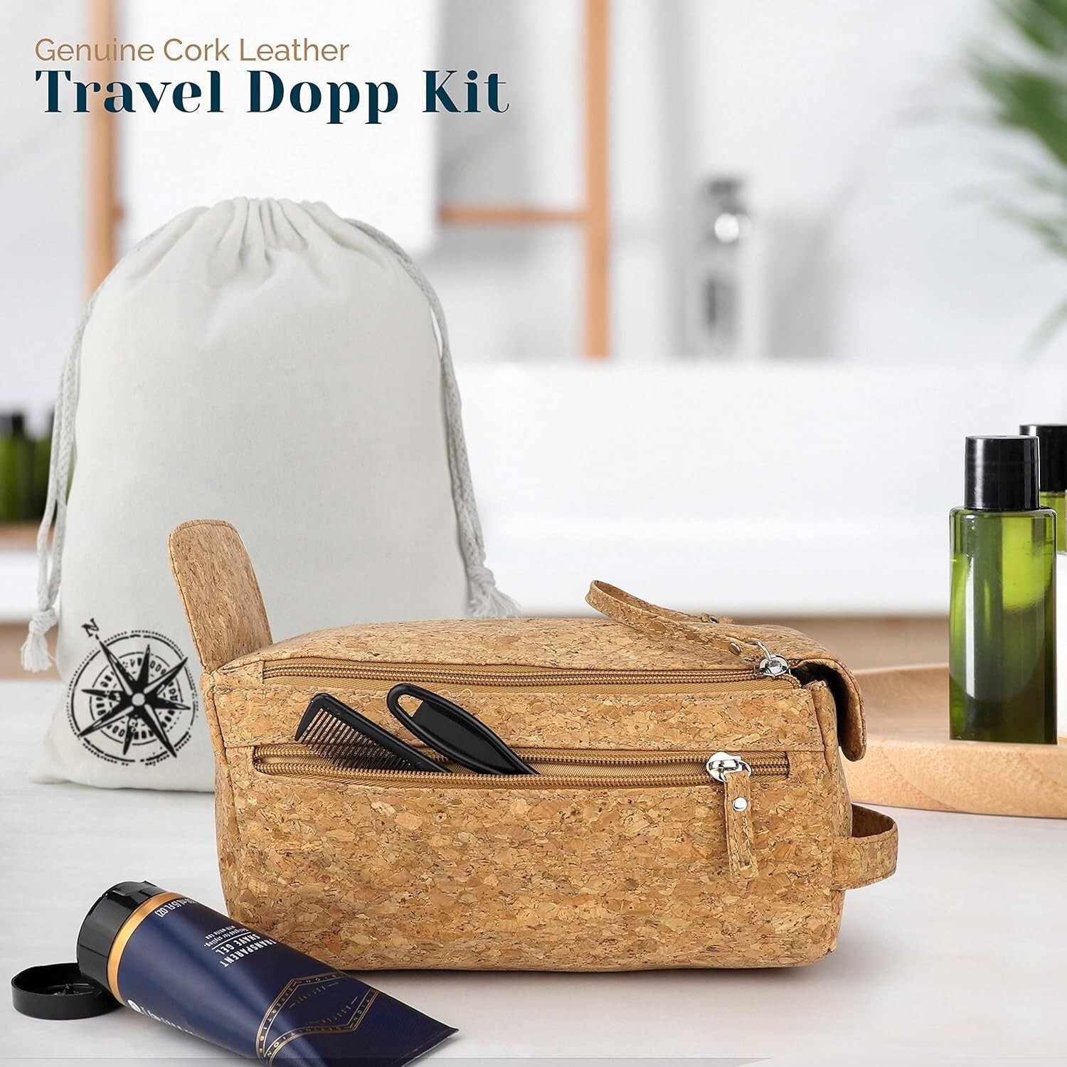 Denali Premium Cork Leather Compact Toiletry Bag Waterproof Travel Organizer