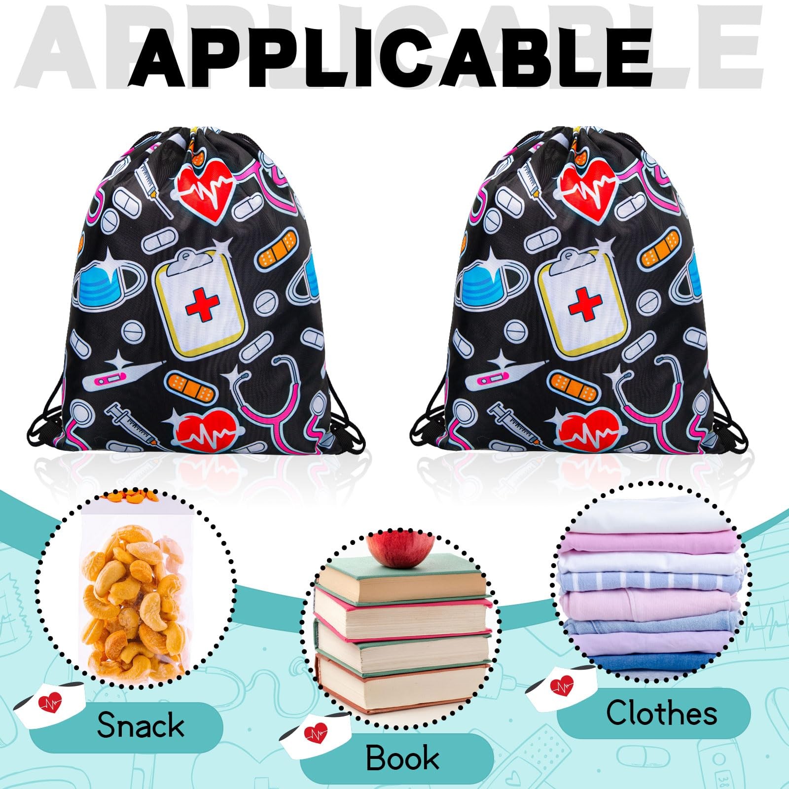 24 Pcs Nurse Drawstring Backpack Nurse Themed Pattern Shoulder Bags Funny Nur…