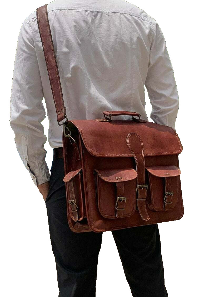 18″ Men Brown Leather Laptop Briefcase Shoulder Messenger Crossbody Backpack Bag