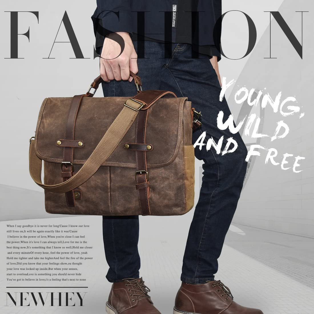 Men’s 15.6″ Waterproof Vintage Leather & Canvas Messenger Bag, Brown
