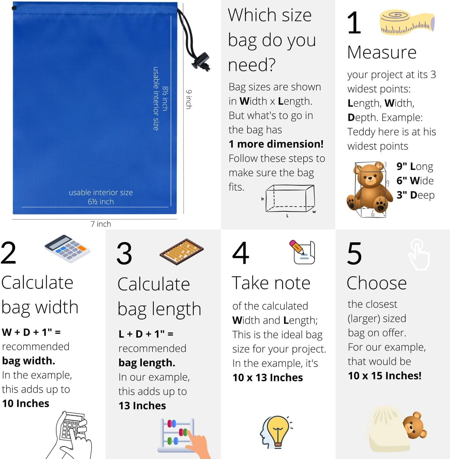 Drawstring Bag with Toggle – Nylon Cinch and Ditty Pouch Six-Pack (Blue, 7 x 9 I