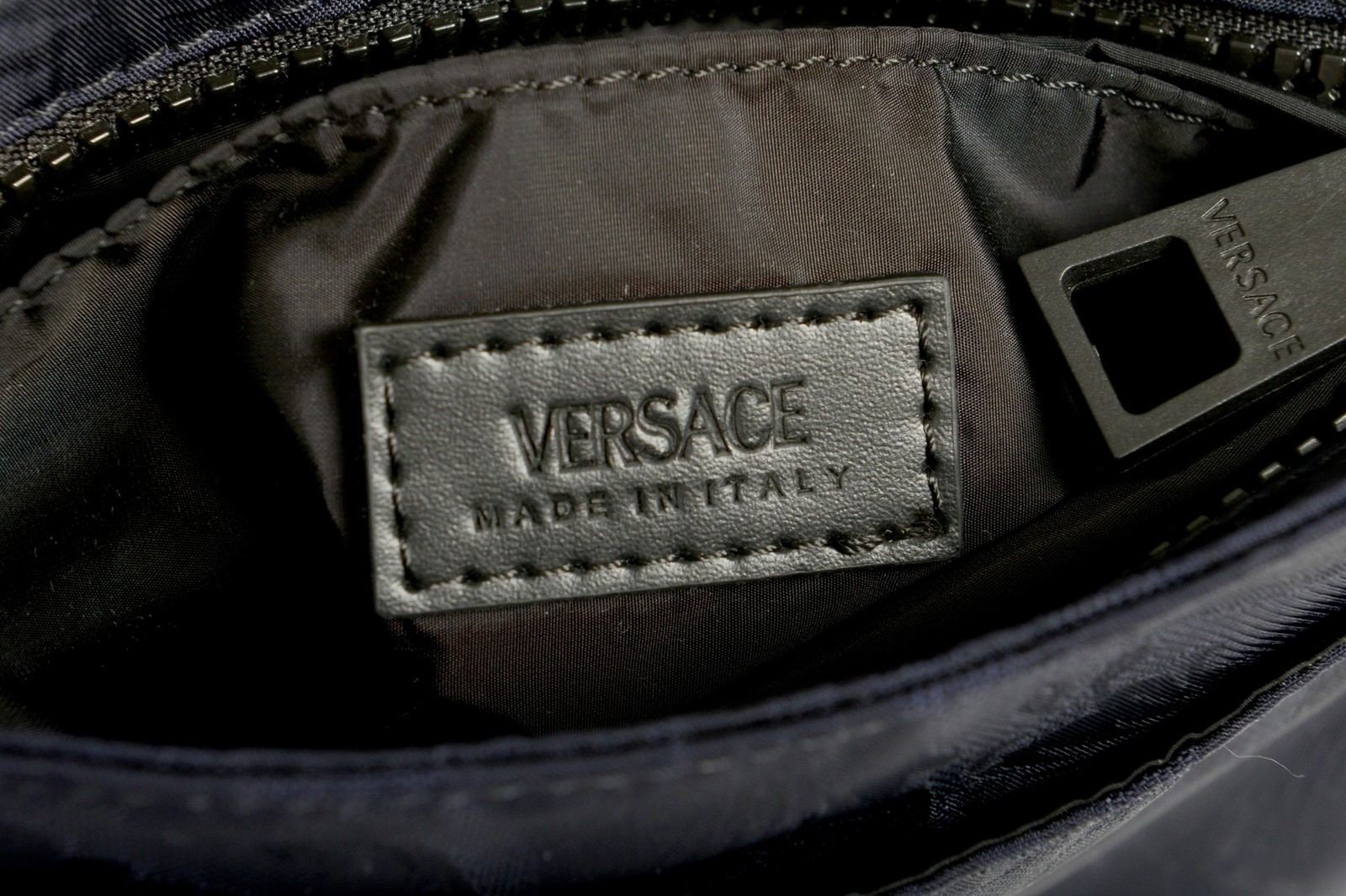 Versace Navy Heritage Print Silver Medusa Flat Fabric & Leather Crossbody Bag