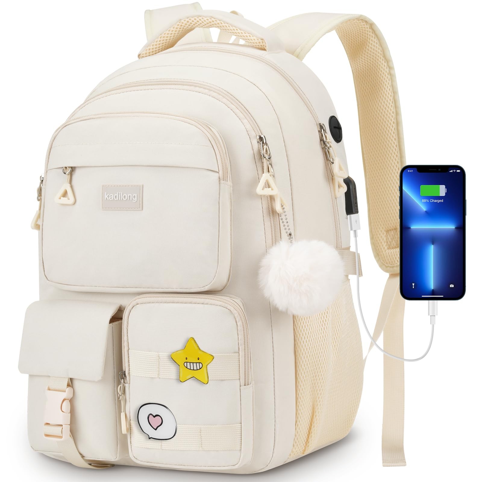 Cute Middle High School Bags Bookbag For Teen Girls Laptop Backpack Beige