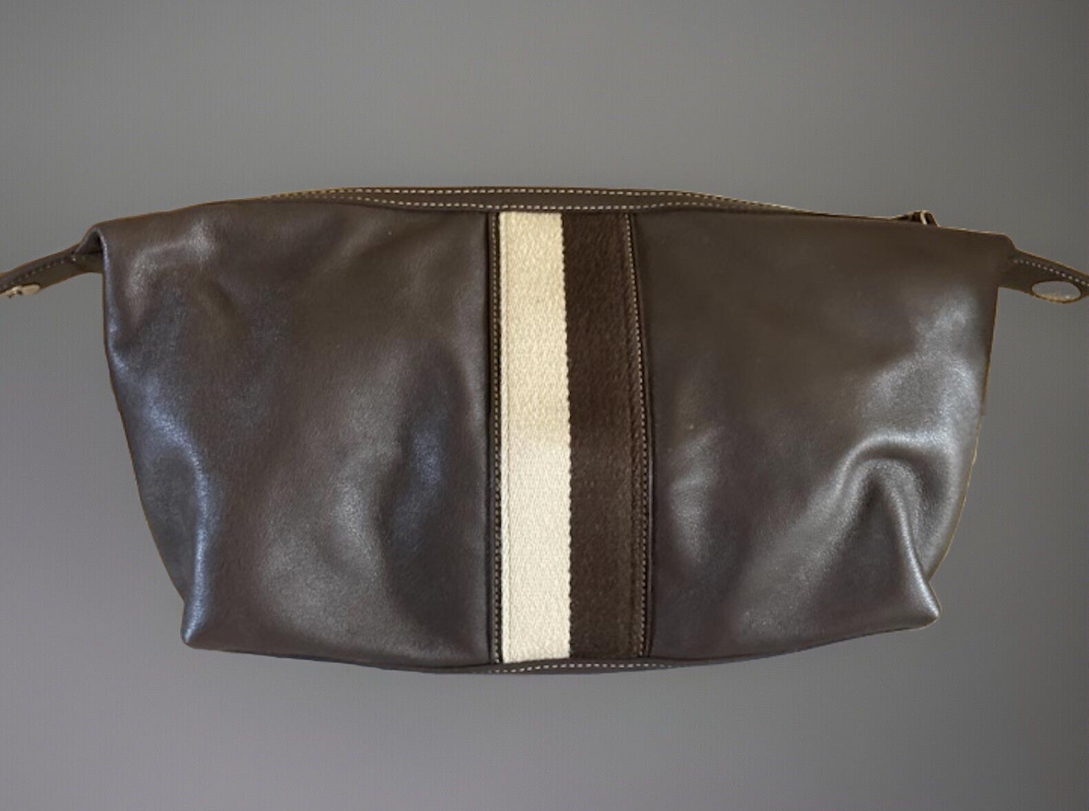 Rare Brown Coach Leather Brown/Chocolate Toiletries Travel Bag Heritage Stripes