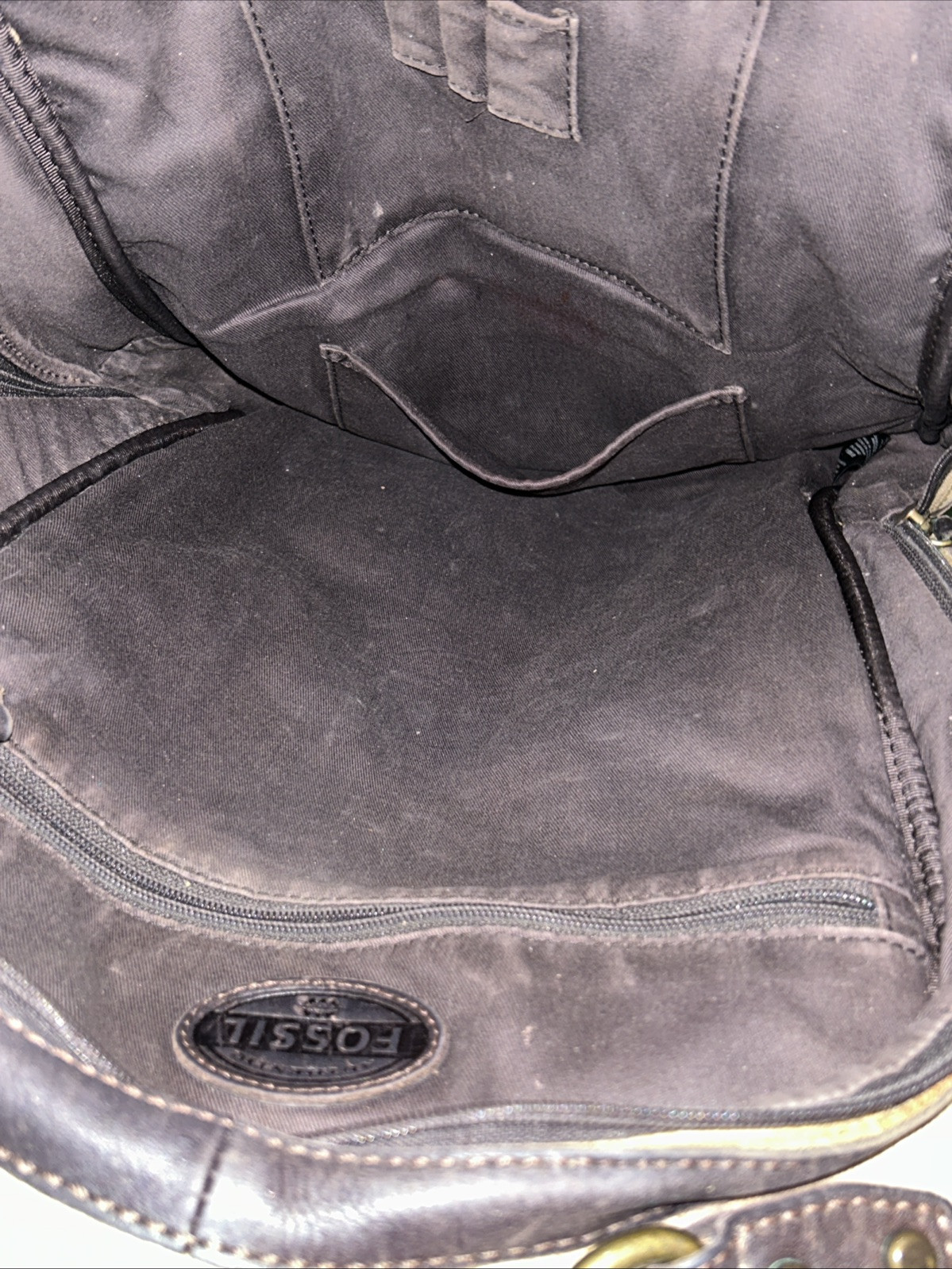 FOSSIL Estate Backpack Rugged Olive Canvas Brown Faux? Leather Trim Padded Zip
