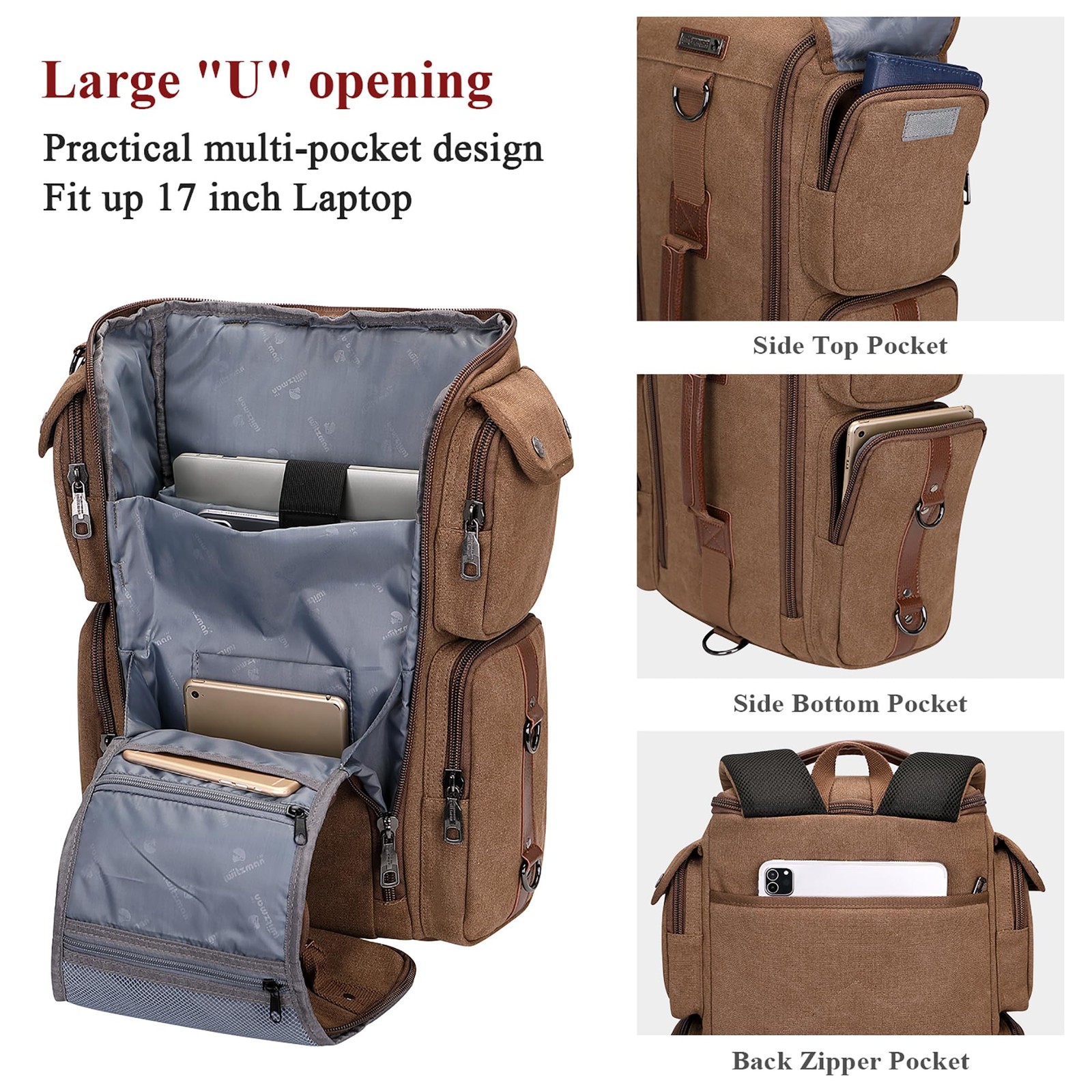 Travel Backpack for Men Canvas Convertible Bag Fits 17 Inch Laptop