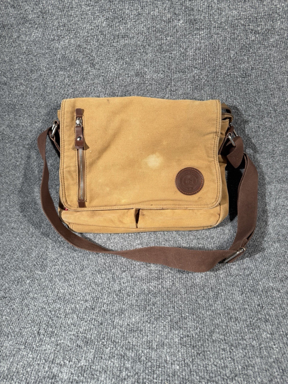 Augur Strauss & Co Unisex Tan Canvas Messenger Bag Crossbody Aged Casual Satchel