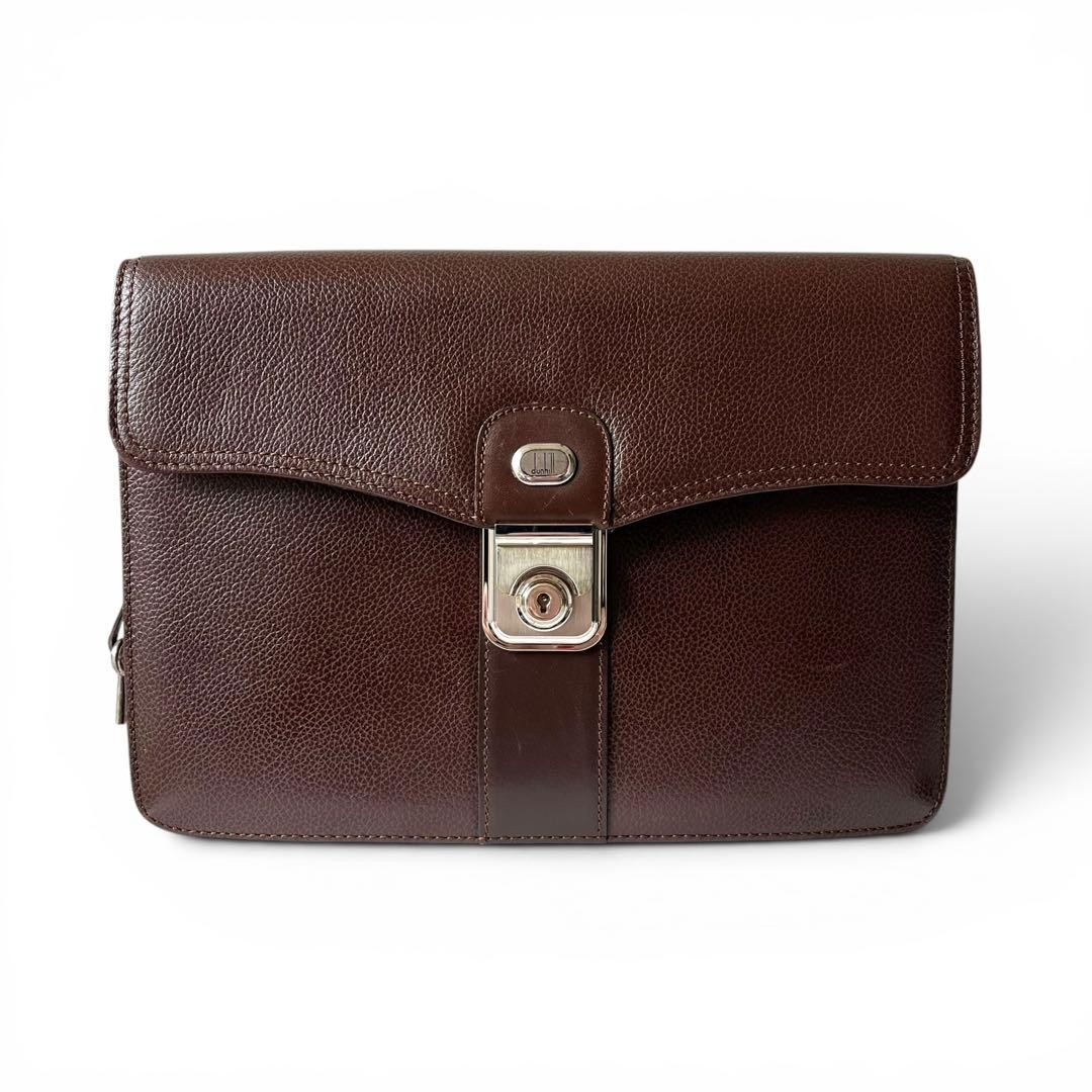 Dunhill Flap Clutch Bag Second Bag Brown Leather Key & Lock Closure Men’s