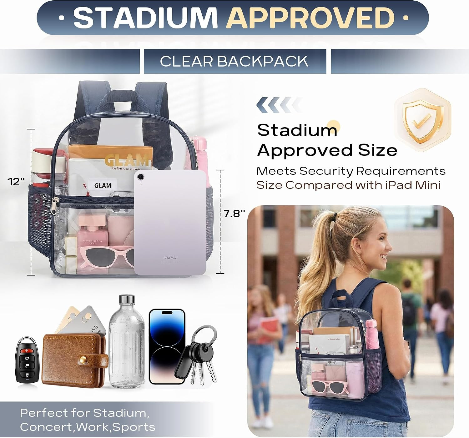 Clear Backpack Stadium Approved, 12 X 6 X 11 In, Small Transparent Backpack for