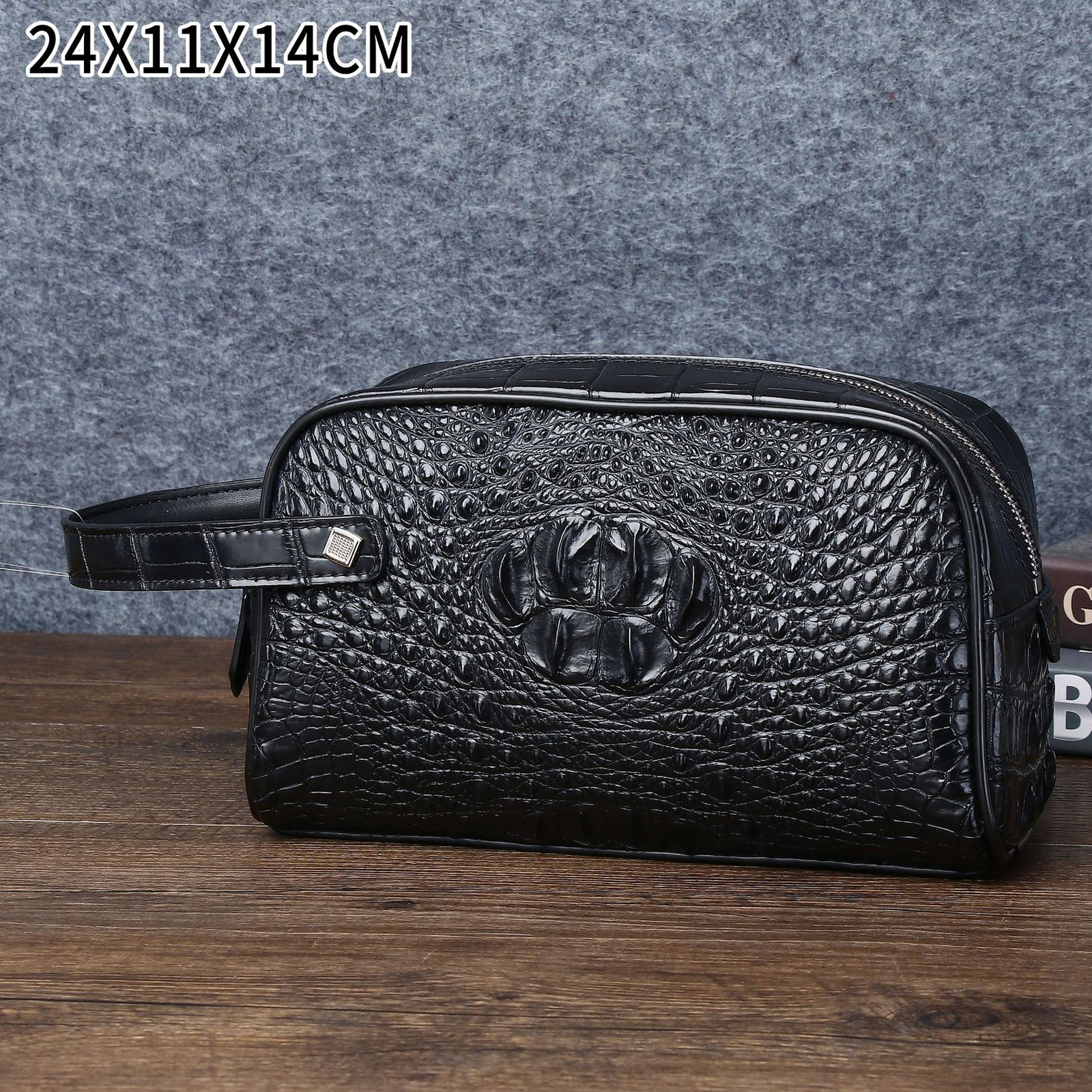 Top Cowhide Leather Men’s Clutch Bag Crocodile Pattern Zipper Handbag