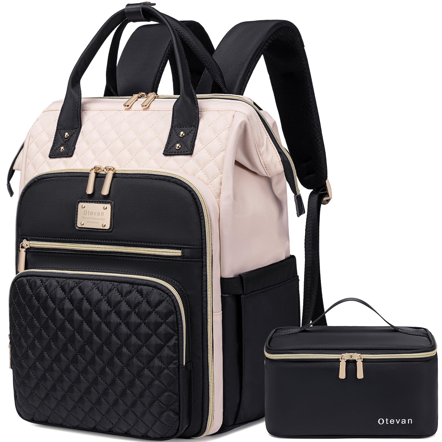 1 PCS 15.6 Inch Beige/Black Laptop Work Backpack With Insulated Lunchbox Set